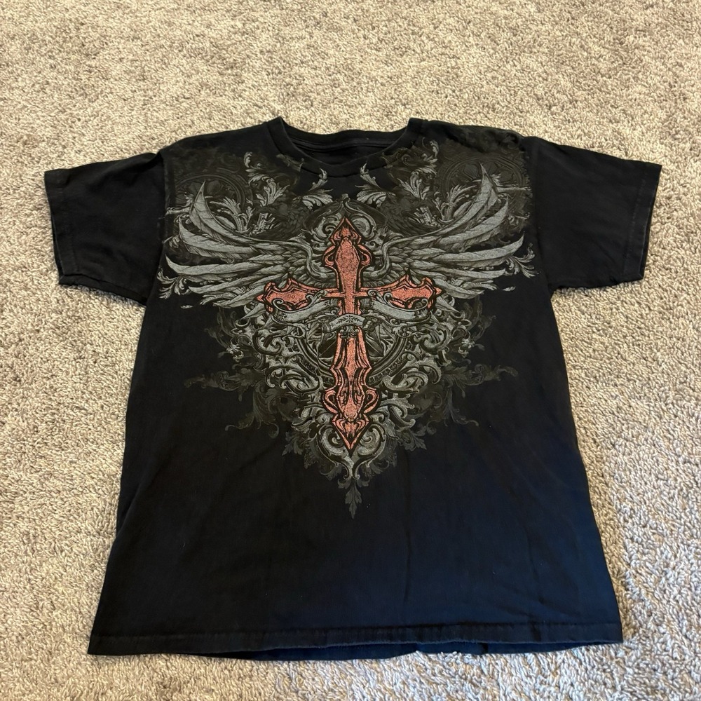 MMA Elite T Shirt Boys size XL 18/20 Black Wings Cross short sleeve Grunge Rare